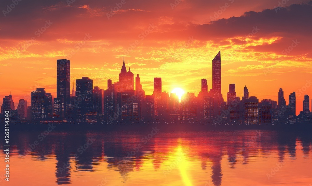 Fototapeta premium City skyline at sunset with a glowing orange sky, silhouettes of tall buildings reflecting the fading light, calm urban atmospher