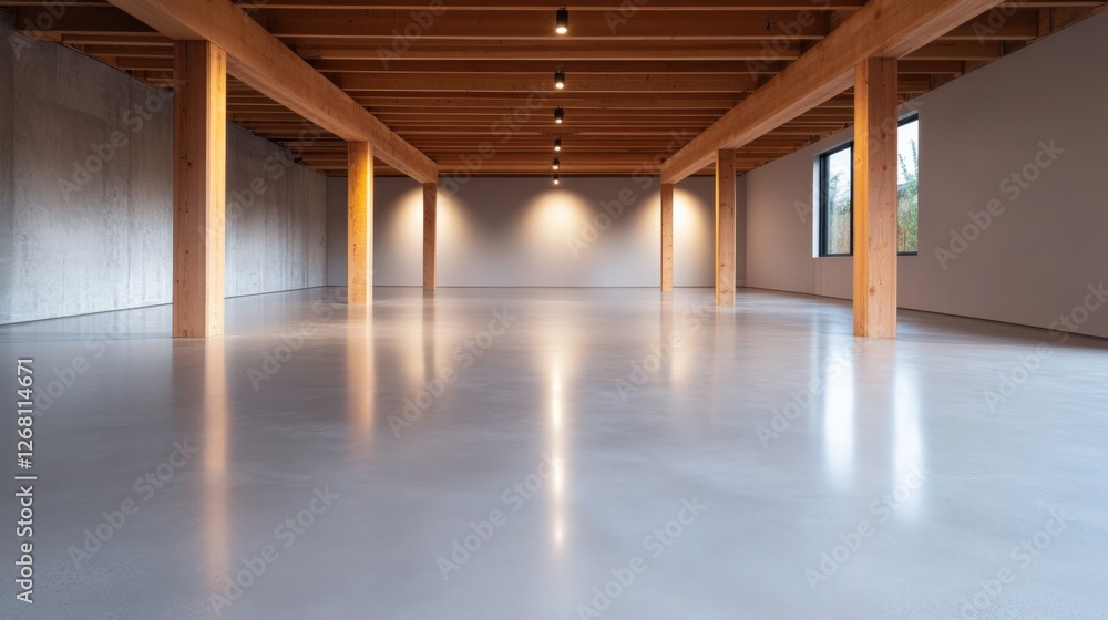 Modern Minimalist Interior with Concrete Floor and Wooden Beams Modern Minimalist Interior with Concrete Floor and Wooden Beams