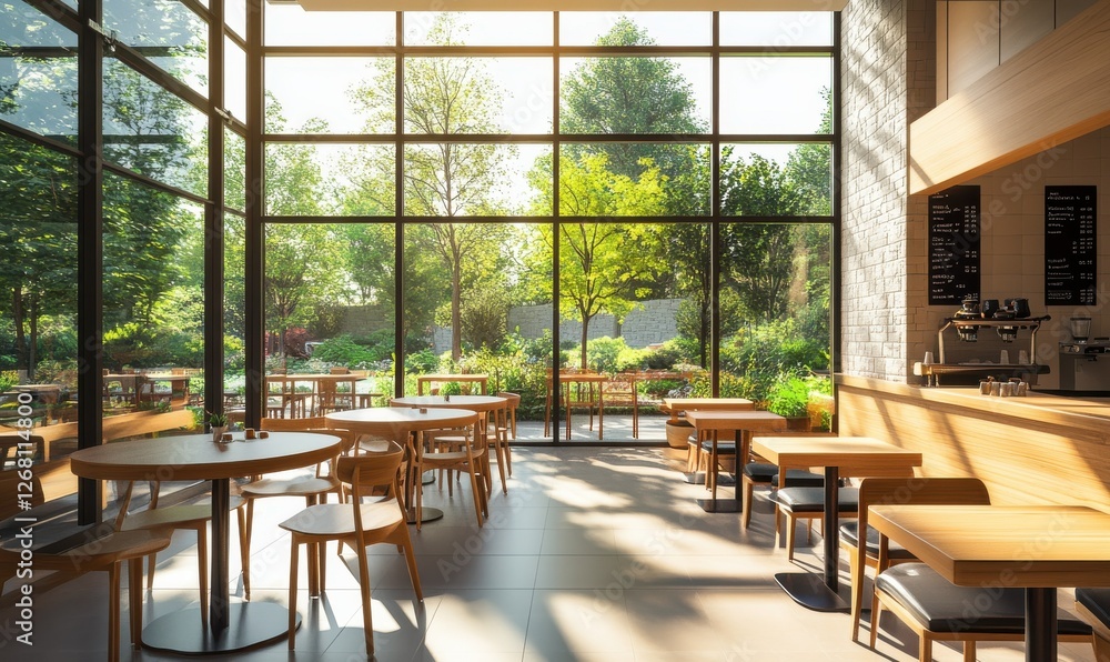 Fototapeta premium Bright modern cafe with sleek minimalist decor, warm wooden tables, and sunlight pouring in through large floor-to-ceiling window