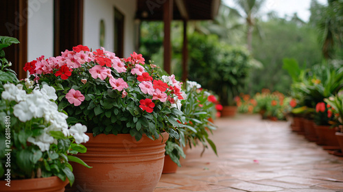 Wallpaper Mural Vivid Pink and White Flowers in Pots Lining a Tiled Path Near Building on Tropical Estate Torontodigital.ca