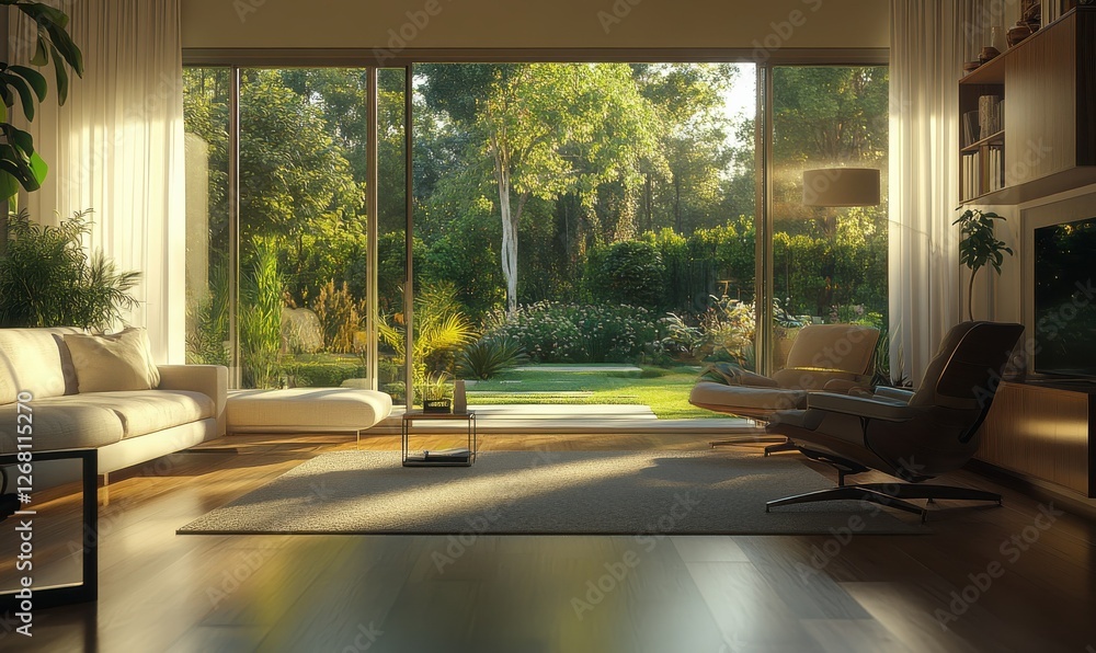 Fototapeta premium Bright modern living room with neutral furniture, wooden flooring, and large glass doors opening to a garden, minimalist decor creating a cozy vibe, clean tones