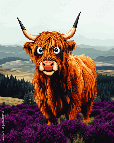 Charming Cartoon Highland Cow in Scenic Scottish Landscape with Purple Heather and Rolling Hills | Fun Vector Art Illustration for Whimsical Nature Decor