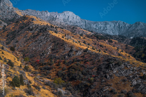 Autumn view of a mountain landscape. Picturesque mountains in autumn on a sunny day. photo