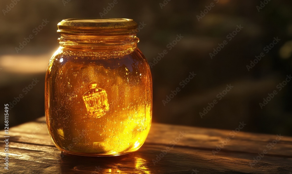 Close-up of a glass jar filled with golden honey, warm light reflecting off the surface creating a rich and inviting texture, sweet and natural Close-up of a glass jar filled with golden honey, warm light reflecting off the surface creating a rich and inviting texture, sweet and natural