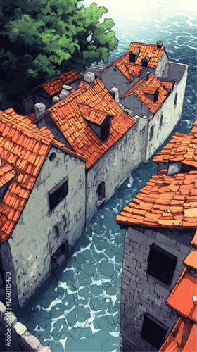 Scenic Vector Image of Coastal Village with Red Tiled Roofs and Blue Sea: Discover Serene Landscape of Old Stone Houses, Overlooked Courtyards, and Lush Greenery