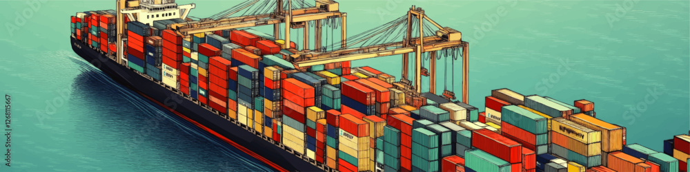 Obraz premium Dynamic Vector Illustration of a Cargo Ship with Colorful Containers and Cranes on Ocean Water - Global Trade and Logistics Art for Maritime Transport Enthusiasts