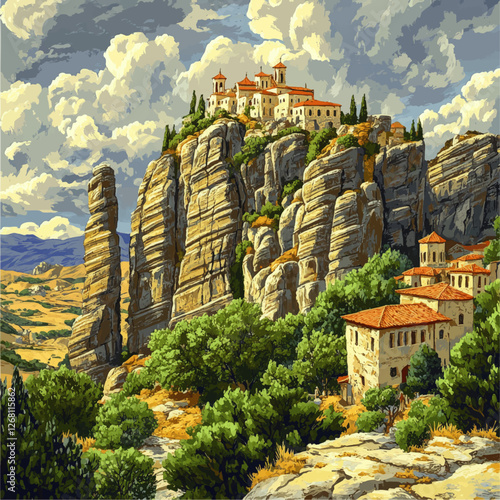 Stunning Vector Image of Monastery on Rocky Cliff with Blue Sky and Lush Greenery Exemplifies Mediterranean Architecture and Scenic Landscapes