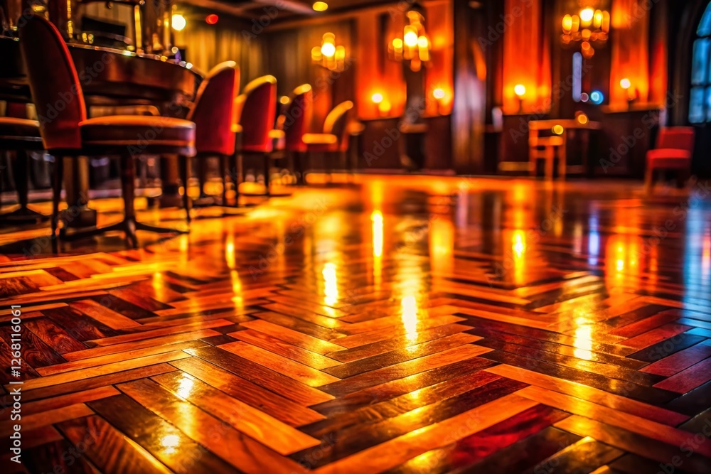 Fototapeta premium 1920s Jazz Club Parquet Floor, Amber Light, Moody Atmosphere, Retro Interior Design