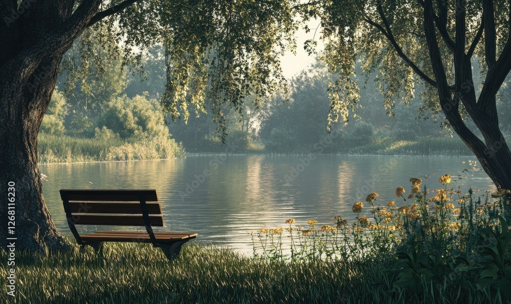 Obraz premium Calm riverside view with a wooden bench under tall trees, golden reflections on the water, and soft light creating a tranquil moo