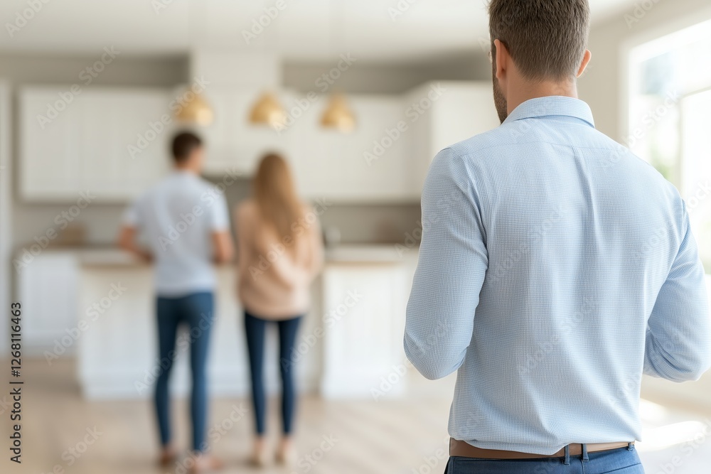 Fototapeta premium A young couple explores a modern kitchen in a new home with a real estate agent.