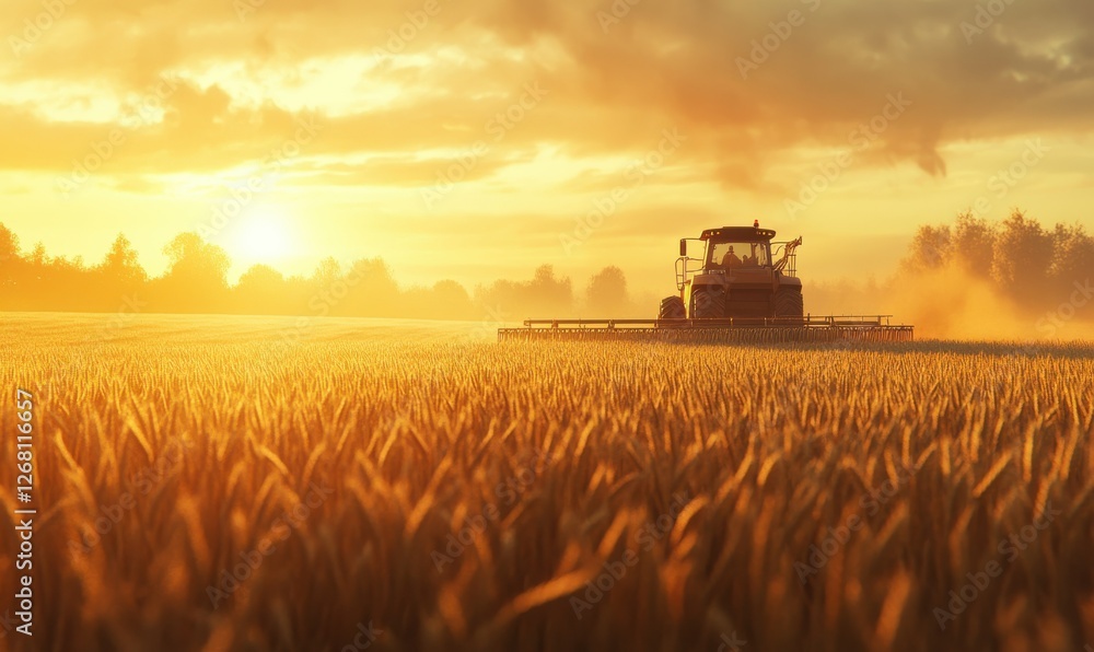 Naklejka premium Farmer harvesting ripe wheat under golden sunlight, capturing the essence of rural life and sustainability, earthy and nostalgic tones