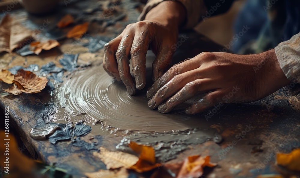 Close-up of hands molding clay on a potter's wheel during a master class in a pottery workshop. Artisan focusing on creating a ceramic masterpiece. Close-up of hands molding clay on a potter's wheel during a master class in a pottery workshop. Artisan focusing on creating a ceramic masterpiece.