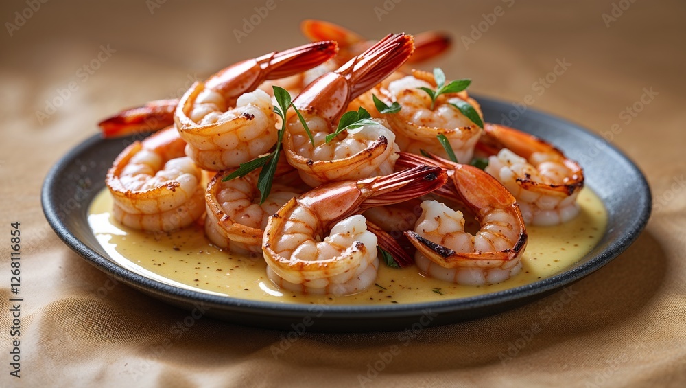 Plate of grilled shrimp served with creamy sauce and garnished with herbs on a beige background, copy space Plate of grilled shrimp served with creamy sauce and garnished with herbs on a beige background, copy space