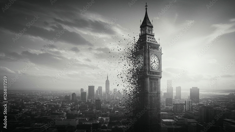 Fototapeta premium Big Ben Disintegrating in Modern Cityscape