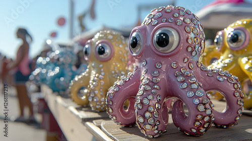 Colorful ceramic octopus sculptures with reflective surfaces displayed at an outdoor art market. Vibrant, artistic, and decorative pieces with intricate designs and glossy finishes.   photo