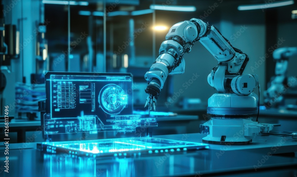 Futuristic technology lab with glowing holographic interfaces, robotic arms, and sleek modern equipment in dim lighting. Futuristic technology lab with glowing holographic interfaces, robotic arms, and sleek modern equipment in dim lighting.