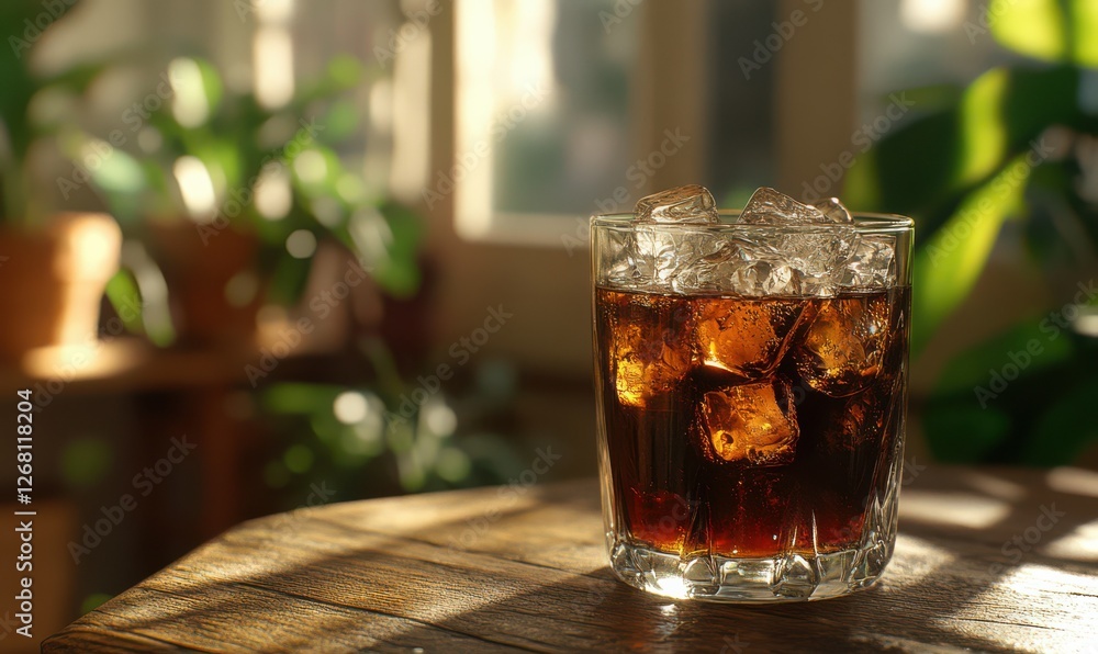 Crystal glass with cold cola and ice cubes placed on a rustic wooden table, surrounded by soft shadows and warm evening light, evoking a refreshing summer moment Crystal glass with cold cola and ice cubes placed on a rustic wooden table, surrounded by soft shadows and warm evening light, evoking a refreshing summer moment