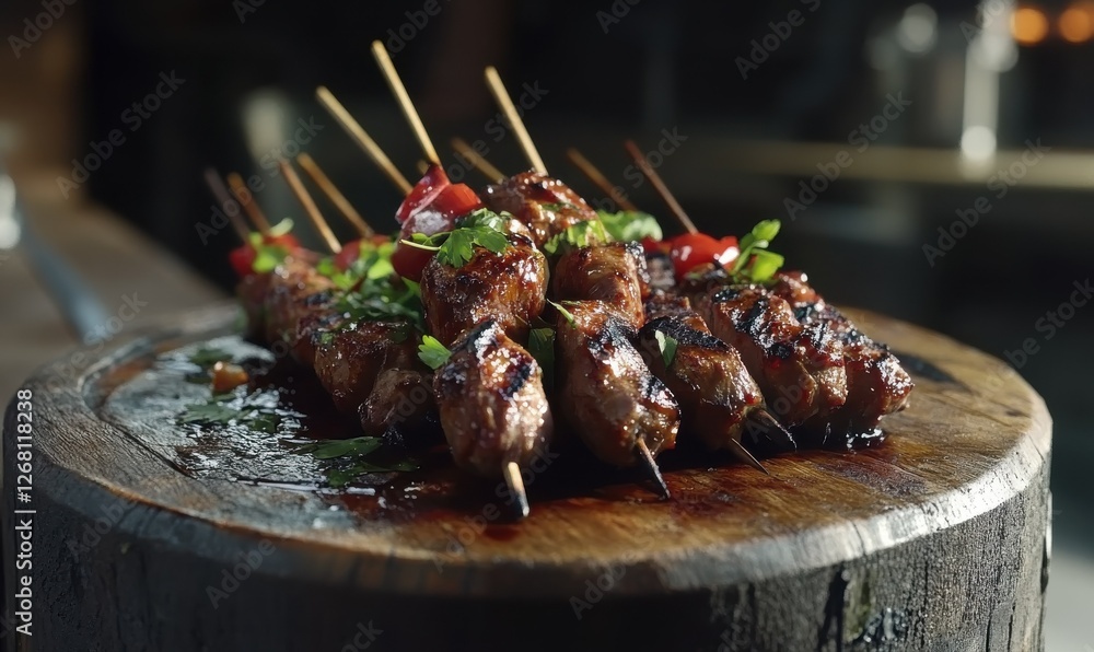 Grilled meat skewers on a rustic wooden plate, charred textures and vibrant garnishes making it an irresistible culinary delight