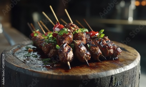 Obraz na płótnie Grilled meat skewers on a rustic wooden plate, charred textures and vibrant garnishes making it an irresistible culinary delight w salonie
