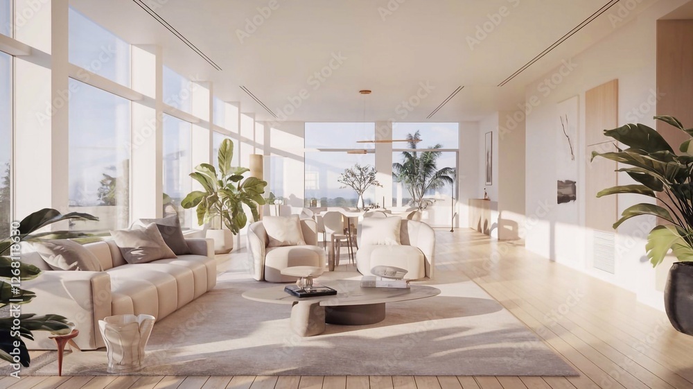 Fototapeta premium Spacious modern living room with panoramic windows, elegant furniture, cozy decor, and natural light creating a bright, inviting ambiance—perfect for interior design, real estate, or lifestyle concep