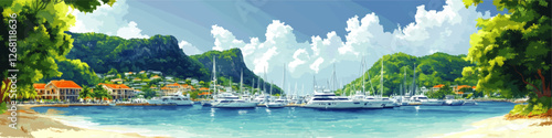 Stunning Vector Artwork of Scenic Harbor with Luxury Yachts, Lush Green Hills, and Vibrant Houses Under Clear Sky and Fluffy Clouds on Serene Beachfront