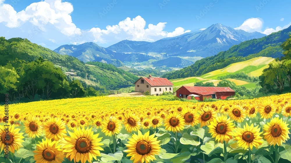 Sunny Sunflower Field Beside Mountain Farm Houses Sunny Sunflower Field Beside Mountain Farm Houses
