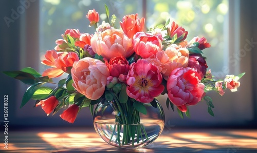 Wallpaper Mural Vibrant floral arrangement of peonies, roses, and tulips in a clear glass vase, glowing under soft natural light Torontodigital.ca