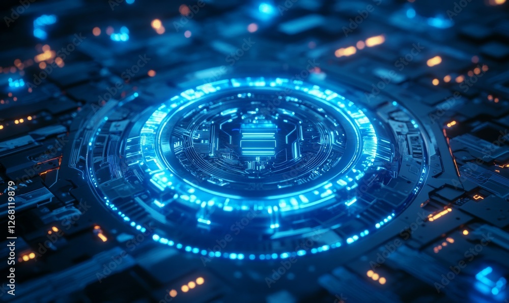Bitcoin coin on a glowing blue circuit board. Futuristic cryptocurrency and blockchain technology concept for digital finance design Bitcoin coin on a glowing blue circuit board. Futuristic cryptocurrency and blockchain technology concept for digital finance design