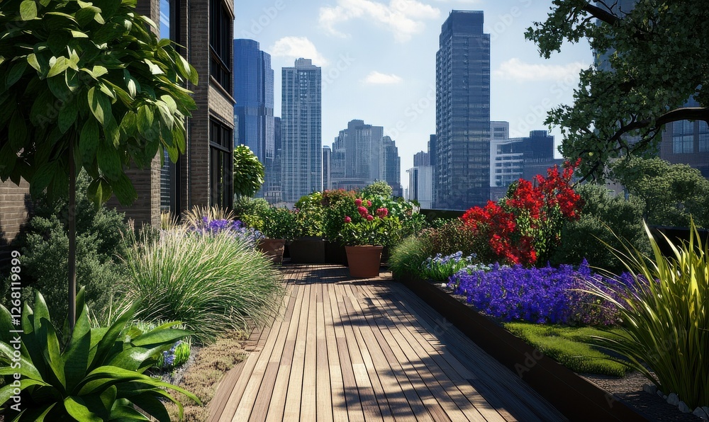 Fototapeta premium Urban rooftop garden with skyline views, combining nature with modern living Rooftop garden, urban property value