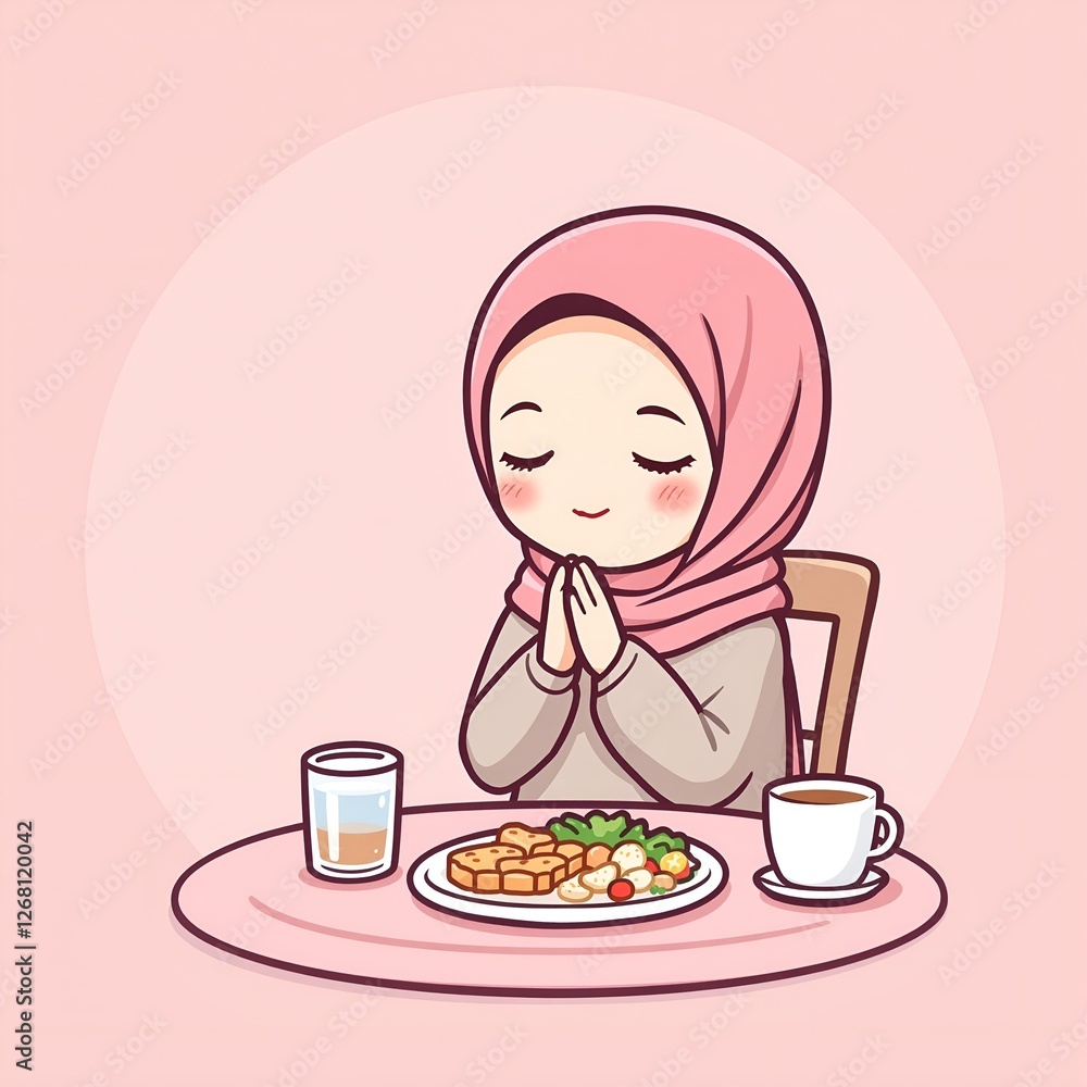 Prayer Before Meal: A gentle illustration captures a muslim woman with a pink hijab praying before a meal, radiating peace and gratitude. Prayer Before Meal: A gentle illustration captures a muslim woman with a pink hijab praying before a meal, radiating peace and gratitude.