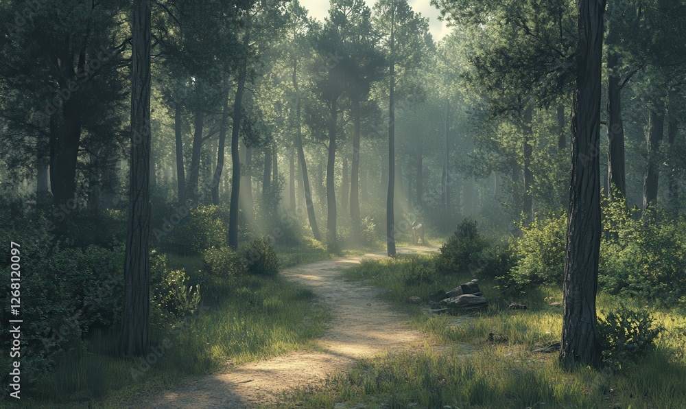 Naklejka premium Idyllic forest clearing with tall sunlit trees and a winding dirt path, capturing the beauty and peace of untouched nature.