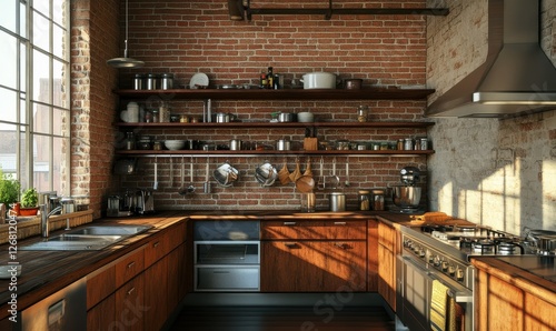 Wallpaper Mural Industrial modern kitchen with exposed brick walls, wooden shelving, and sleek metal fixtures. Torontodigital.ca