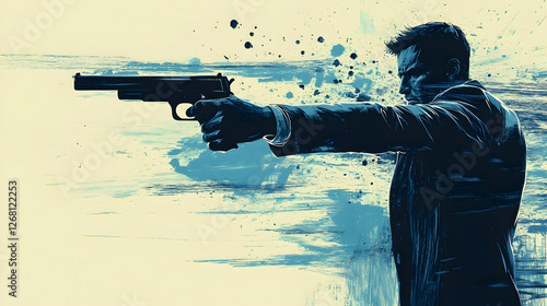 Edgy Urban Silhouette Art: Suspense and Action with a Gunman in Cool Blue