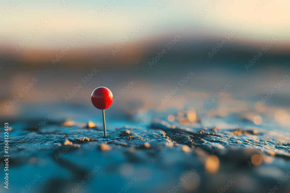 A Single Red Pin: A solitary red pin stands tall against a backdrop of a vast blue landscape, a striking visual metaphor for determination, resilience. A Single Red Pin: A solitary red pin stands tall against a backdrop of a vast blue landscape, a striking visual metaphor for determination, resilience.