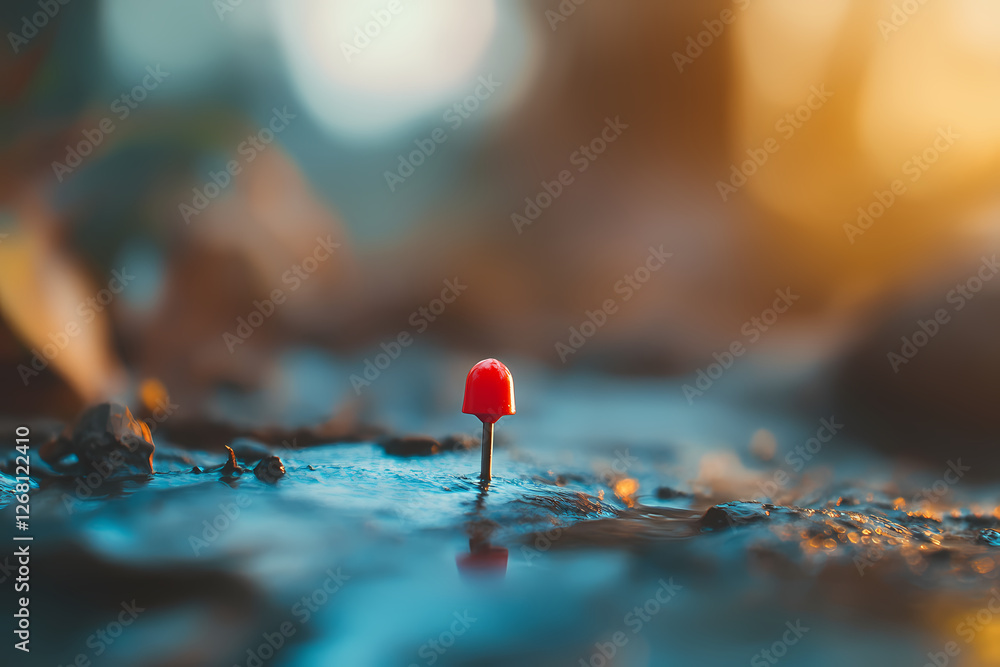 Solitary Scarlet: A vibrant red mushroom stands alone in a puddle, reflecting in the still water. The sun's golden rays illuminate the scene, creating a magical, surreal atmosphere. Solitary Scarlet: A vibrant red mushroom stands alone in a puddle, reflecting in the still water. The sun's golden rays illuminate the scene, creating a magical, surreal atmosphere.