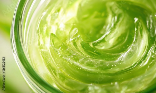 Close-up of vibrant green aloe vera gel swirling in a glass jar, soft natural light enhancing the organic textures, clean and fresh, sharp and vibrant