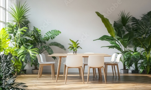 Minimalist dining area featuring clean white furniture  bright wooden floors  and large indoor plants.