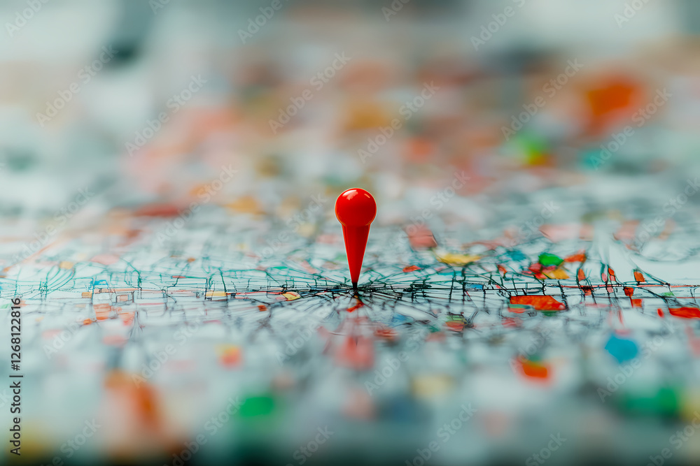 Destination Pinpoint: A single, vibrant red pushpin marks a pivotal location on a map, capturing the essence of discovery, exploration, and finding your place in the world. Destination Pinpoint: A single, vibrant red pushpin marks a pivotal location on a map, capturing the essence of discovery, exploration, and finding your place in the world.