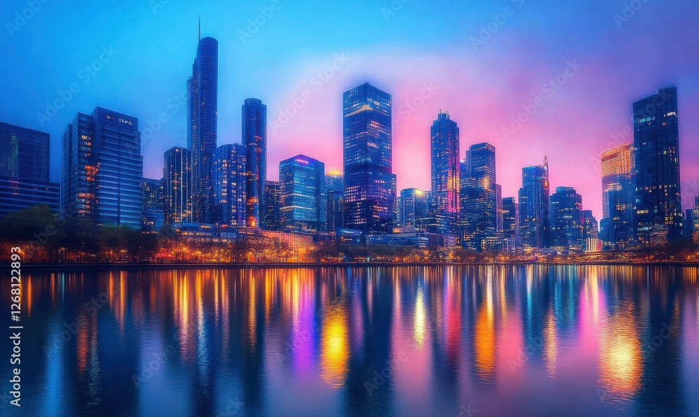 Futuristic cityscape with sleek skyscrapers glowing under the twilight sky, vibrant lights reflecting on the calm river Futuristic cityscape with sleek skyscrapers glowing under the twilight sky, vibrant lights reflecting on the calm river
