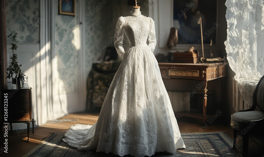 Luxurious white wedding gown with intricate lace details displayed on a vintage mannequin in soft natural light. Luxurious white wedding gown with intricate lace details displayed on a vintage mannequin in soft natural light.