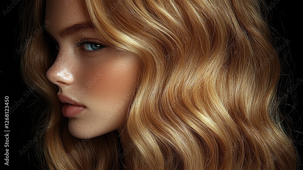 Obraz premium A close-up profile of a young woman with wavy blonde hair against a dark background.