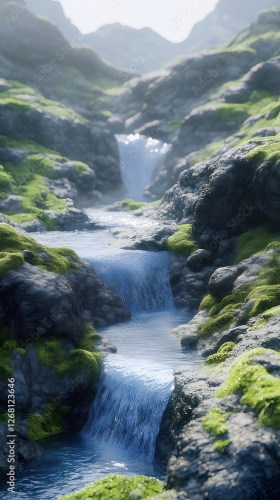 Mountain stream cascading, valley background Mountain stream cascading, valley background