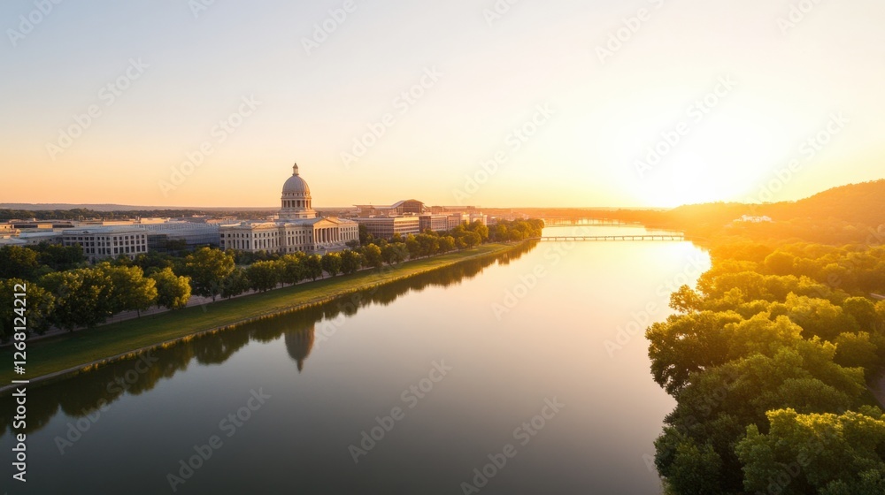 Obraz premium State Capitol building Reflecting in River at Sunrise