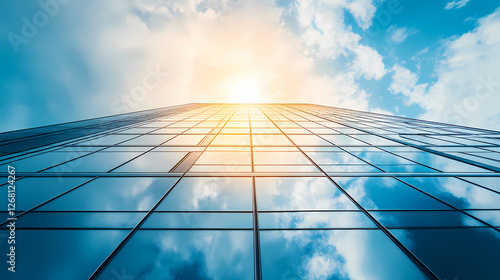 Reaching for the Sun  A towering glass skyscraper reflects the radiant glow of the setting sun  showcasing ambition  growth  and the endless possibilities of the urban landscape.