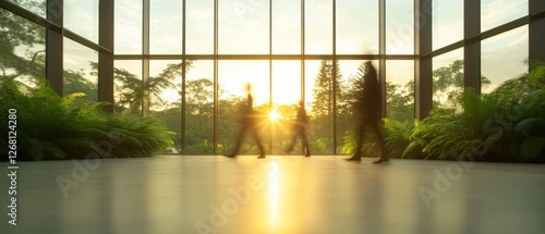 Blurred Figures Walking in Modern Building with Nature View
