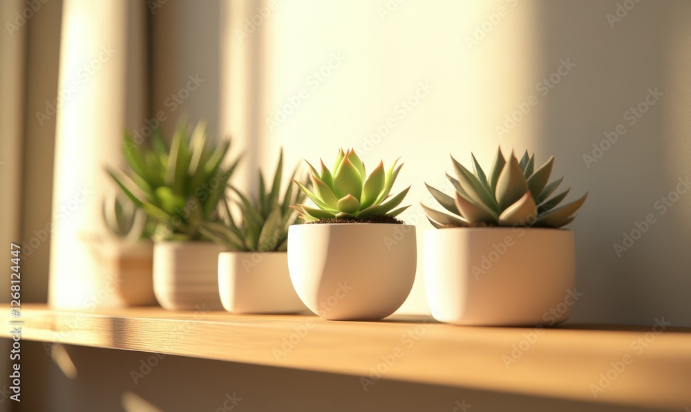 Small potted succulent plants in minimalist white planters, displayed on a wooden shelf with natural sunlight streaming in. Small potted succulent plants in minimalist white planters, displayed on a wooden shelf with natural sunlight streaming in.