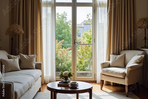 Comfortable living room with large window overlooking the garden