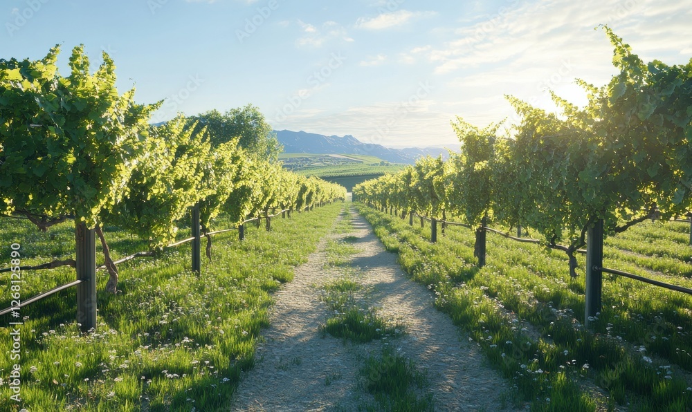 Naklejka premium Sunlit vineyard with rows of grapevines stretching into the distance, styled to emphasize the natural beauty and agricultural charm
