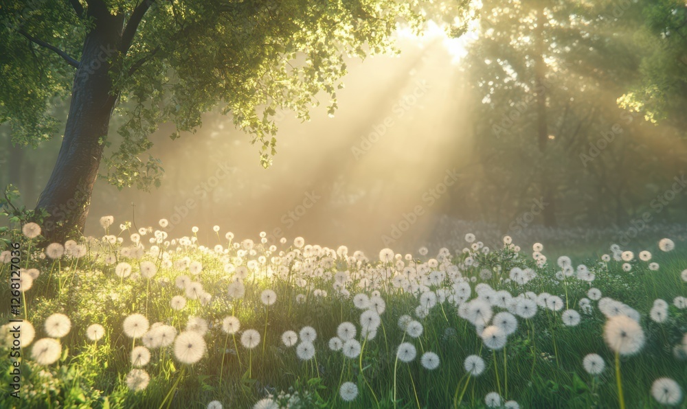 Obraz premium Whimsical meadow filled with dandelions glowing in soft sunlight, creating an enchanting natural scene of peace and tranquility