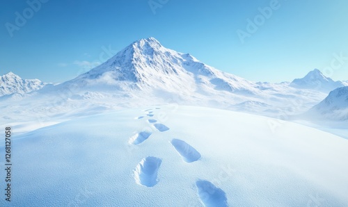 Scenic view of a snowy mountain peak under a clear blue sky, with footprints leading through fresh powder.